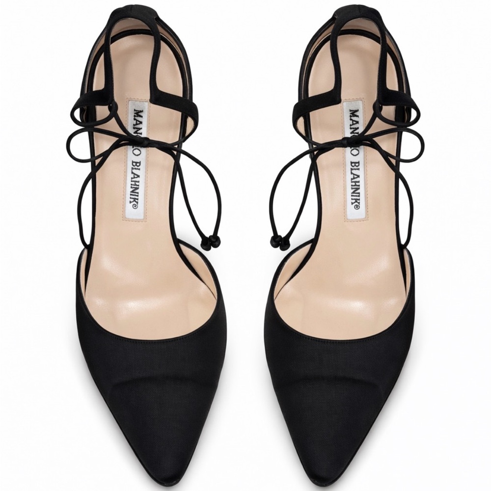 Manolo Blahnik Zaman 70 Black satin Ankle Tie Pumps – 39.5 • Dust Bag - Picture 5 of 11